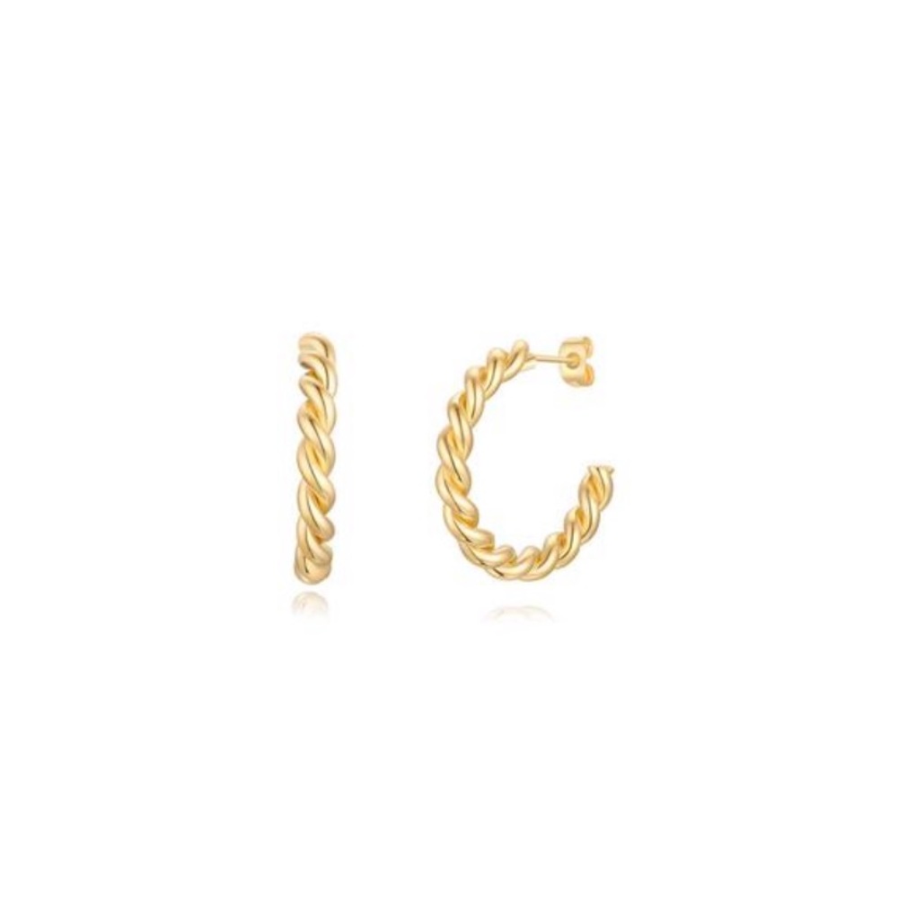 14k Gold Twisted Minimalist Hoop Earrings - Picture 7 of 8
